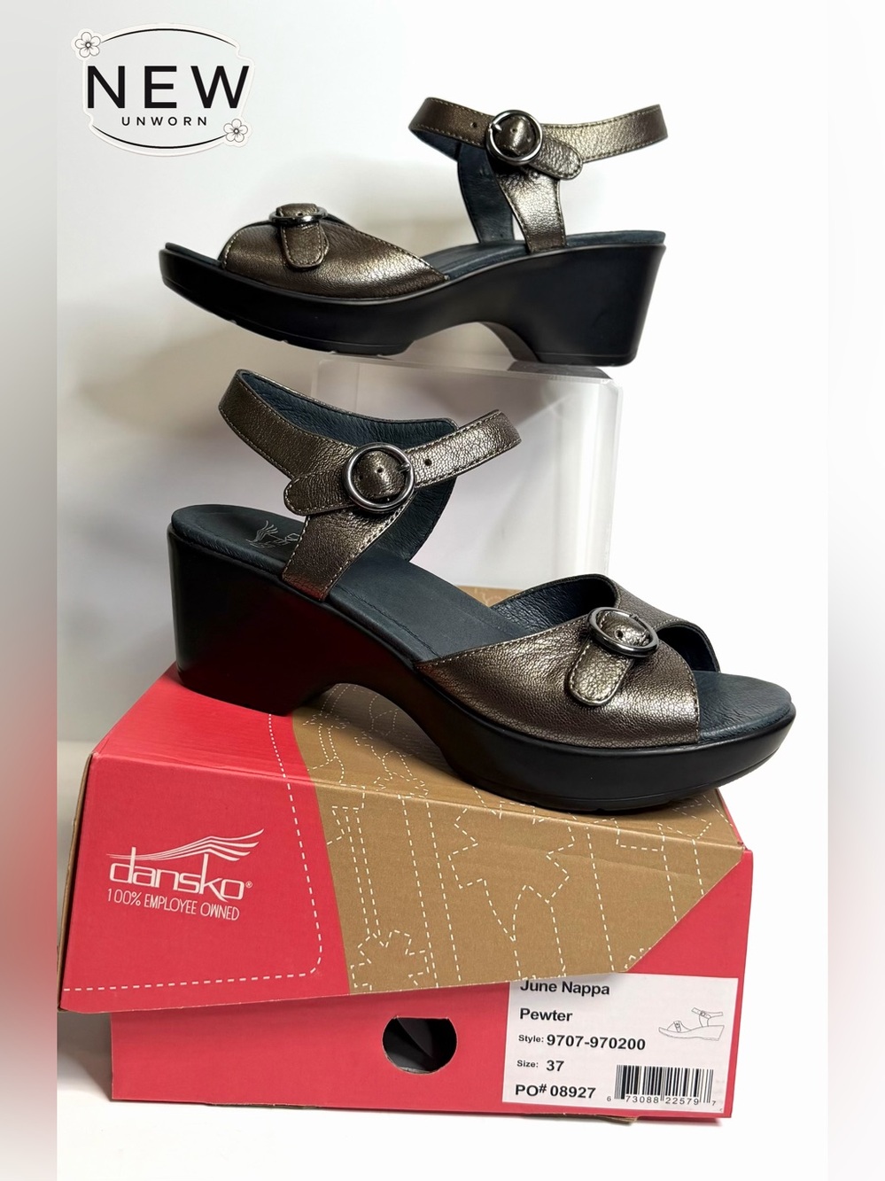 NEW Dansko June Nappa Pewter Wedge Sandal Size EU 37 in Original Box